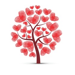 Abstract tree silhouette with red heart fingerprints leaves isolated on white background. Symbol of nature love and self identification in love