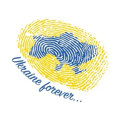 Yellow fingerprint silhouette with blue Ukraine map and text. It is in my DNA and Ukraine forever poster and plackard samples
