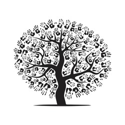 Abstract tree silhouette with black hand print leaves isolated on white background. Symbol of nature love and self identification in love