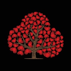 Abstract tree silhouette with red heart fingerprints leaves isolated on black background. Symbol of nature love and self identification in love