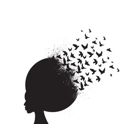 Abstract black woman head silhouette with different thoughts and flying birds isolated on white background
