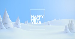 Happy New Year. Winter holiday landscape with snowdrifts and snowy fir trees. Vector 3d illustration. Seasonal nature background. Frosty snow hills.