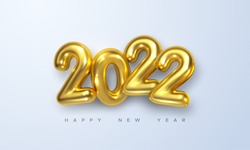 Happy New 2022 Year. Holiday vector illustration of golden metallic numbers 2022. Realistic 3d sign. Festive poster or banner design