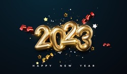 Realistic 2023 golden numbers with festive confetti, stars and spiral ribbons on black background. Vector holiday illustration. Happy New 2023 Year. New year ornament. Decoration element with tinsel