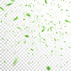 Green Confetti. Vector Festive Illustration of Falling Shiny Confetti Glitters Isolated on Transparent Checkered Background. Holiday Decorative Tinsel Element for Design