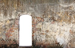 A blank doorway on a grungy decaying brick wall. 