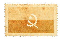 Water stain mark of Angola flag on an old retro brown paper postage stamp. 