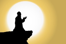 Silhouette of man kneeling down for prayer on a cliff top against a setting sun. Vector illustration.