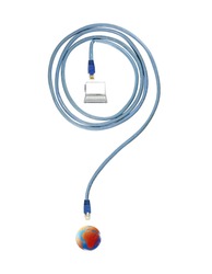A coil of blue internet cable arranged in the shape of a question mark with a laptop computer in the centre and a colorful globe showing the continent of Africa as the dot.