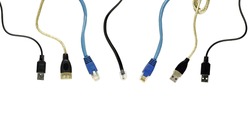 A row of a variety of telecommunication and Computer networking cable and connector plug head, isolated against white.
