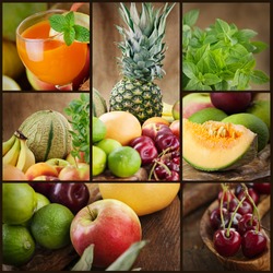 Food colage series. Collage of fresh fruit.  Fruit juice, pinneapple, apples, kiwi,cherry, lime, grapefruit, melon and other oriental fruit.