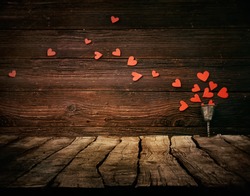 Valentines day background. Wood Tabletop with hearts. Valentines concept