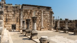 Reconstruction of the ruins of the White Synagogue where Jesus preached at Capernaum, Kfar Nahum, Capharnaum, next to the Sea of Galilee in Israel
