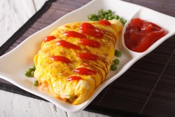 Delicious Omurice omelette with ketchup close-up on a plate. Horizontal