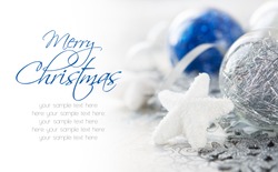 Blue and silver xmas decoration with copy space. Merry christmas.