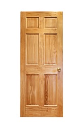 Isolated wooden front door with brass handle on white background