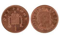 One penny coin over a white background