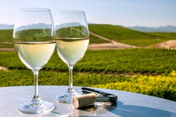 two glasses of white wine on table overlooking California wine country on sunny, cloudless day