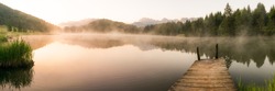 Panorama of lake Geroldsee in the Alps of Bavaria on a summer morning