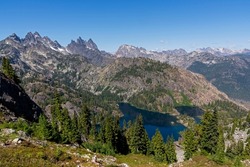 A view of Spectacle Lake from the Pacific Crest Trail, Alpine Lake Wilderness, Washington.