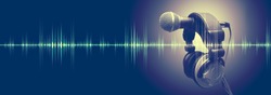 Studio microphone and sound waves. Sound engineering and karaoke background. Music and radio concept 