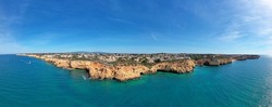 Aerial panorama from Algar Seco caves near Carvoeiro in the Algarve Portugal