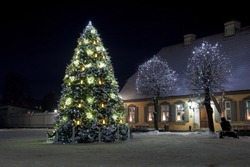 A beautifully decorated christmas tree in a town square