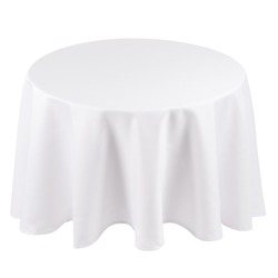 Round white tablecloth over the table isolated on white background