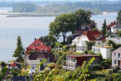 Blankenese, suburb of villas in Hamburg, Germany. View with Elbe river. District of Altona.