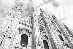 Cathedral of Milan. Catholic church in Italy. Black and white vintage style photo.