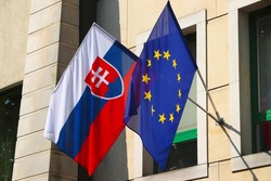 Slovakia and European Union flag. Slovak consulate flags in Poland.