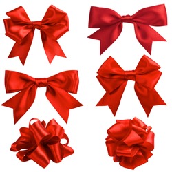 set of six red ribbon satin bows isolated on white