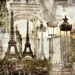 Textured grunge paper background with Paris Eiffel Tower different profiles architecture vintage style 