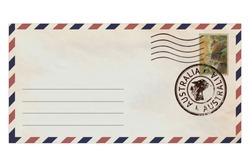 Post envelope with postage stamps of Australia and Australian continental and ocean fauna. Post envelope with Australia nature symbols. Vintage style. Isolated on a white background