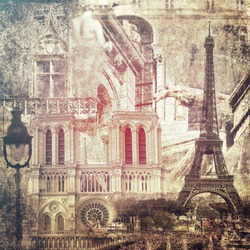 Paris architecture sights.Vintage style.Textured old paper background 
