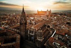 Primate Cathedral of Saint Mary of Toledo aerial view at sunset in Spain