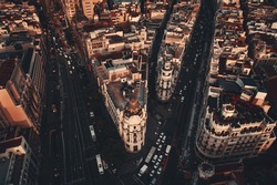 Aerial view of Gran Via shopping area in Madrid, Spain.