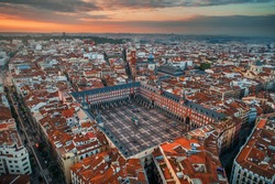 Madrid plaza Mayor aerial view with historical buildings in Spain.