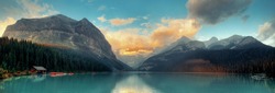Banff national park Lake Louise sunrise panorama with mountains and forest in Canada.