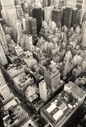 New York City Manhattan skyline aerial view black and white with skyscrapers and street.