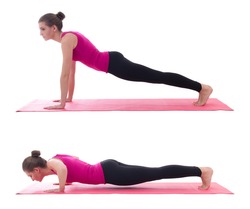 sport concept, push up instruction -  beautiful woman doing push up exercise on yoga mat isolated on white background