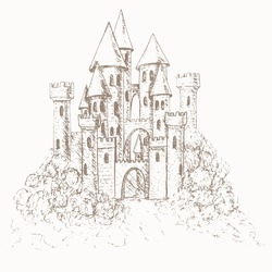Medieval fairy castle sketch. Vector illustration.