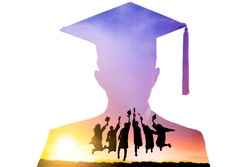 Double exposure of Silhouette  graduation group celebrating and jumping on mountain