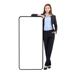 Business woman leaning on huge cellphone with blank white screen,  recommending great new app or website for smart phone