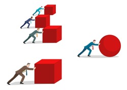 Business concept cartoon of a businessman pushing a sphere leading the race against a group of slower businessmen pushing boxes. Winning strategy, efficiency, innovation in business concept