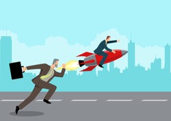 Simple flat business vector illustration of a running businessman racing with a businessman on rocket