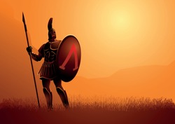 Vector illustration of ancient warrior with his shield and spear standing gallantly on grass field