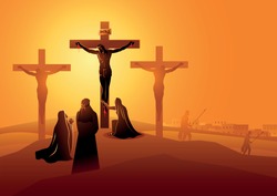 Biblical vector illustration series. Way of the Cross or Stations of the Cross, twelfth station. Mary the Mother of Jesus, John the beloved disciple and Mary of Magdala at the Crucifixion 