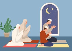 Simple flat vector illustration of muslim family praying together
