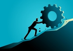 Business concept vector illustration of a businessman pushing a gear uphill, persistence, hard work, determination concept